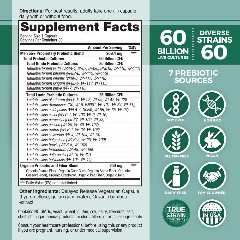 Vital Planet Vital Flora Men 55+ capsules closeup highlighting diverse strains.