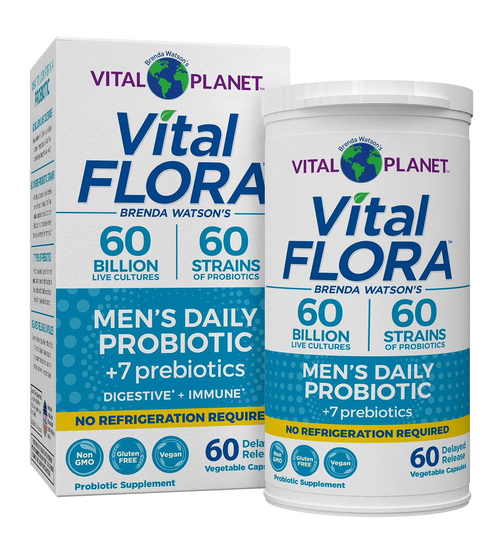 Vital Planet Vital Flora Men’s probiotic bottle showing 60B CFU potency for daily balance