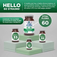 Vital Planet Vital Flora organic prebiotics visual, 7 plant-based fibers feeding gut health.