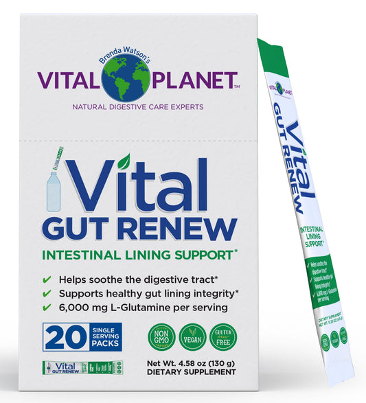 Vital Planet Vital Gut Renew bottle pouring into glass for gut support