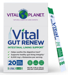 Vital Planet Vital Gut Renew bottle pouring into glass for gut support