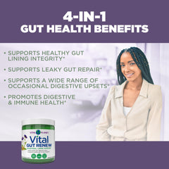 Vital Gut Renew mix-in-water scene demonstrates a sugar-free, convenient routine.