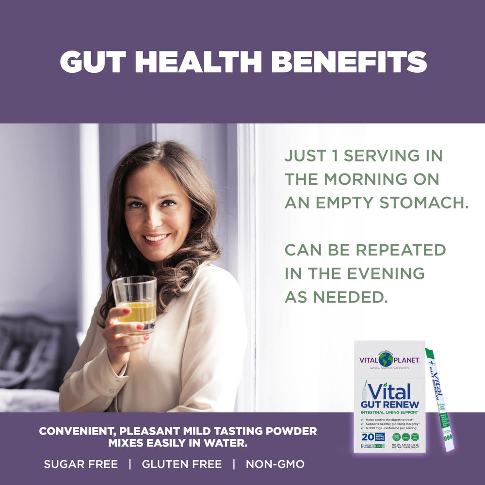 Vital Planet Vital Gut Renew packaging highlights vegan, non-GMO, sugar-free formula
