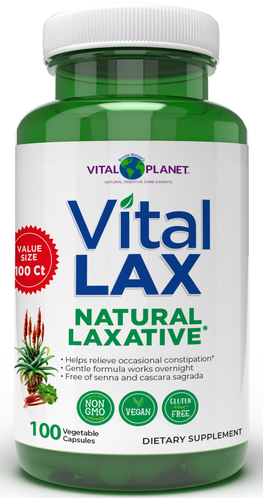 Vital Lax bottle front by Vital Planet highlighting gentle support for occasional constipation