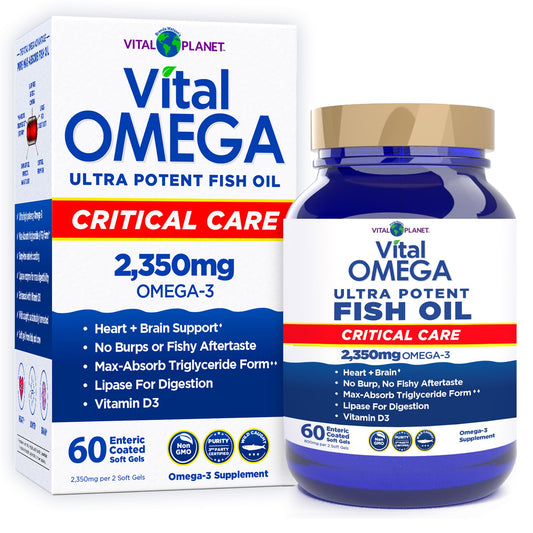 Vital Planet Vital Omega Critical Care bottle with high-potency omega-3 capsules for daily support