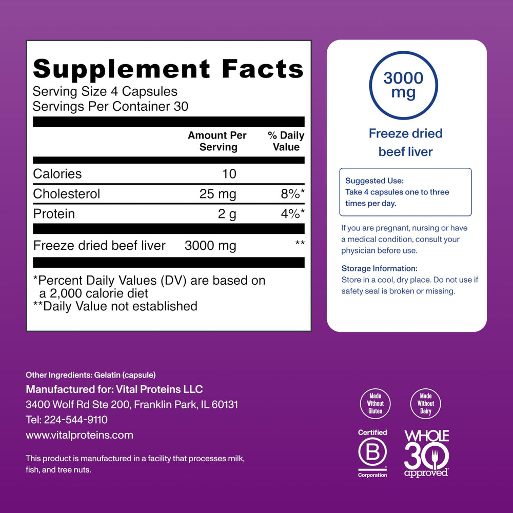 Vital Proteins beef liver supplement image notes New Zealand grass-fed source.