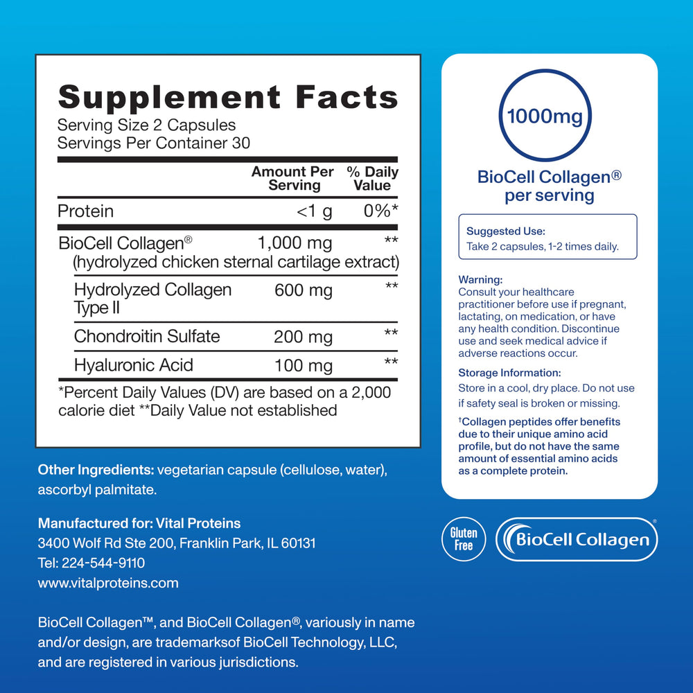 Vital Proteins BioCell collagen blend ingredients list highlighted for skin elasticity and joints