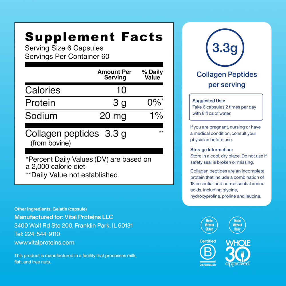 Vital Proteins collagen capsules packaging highlights paleo-friendly and dairy-free nature