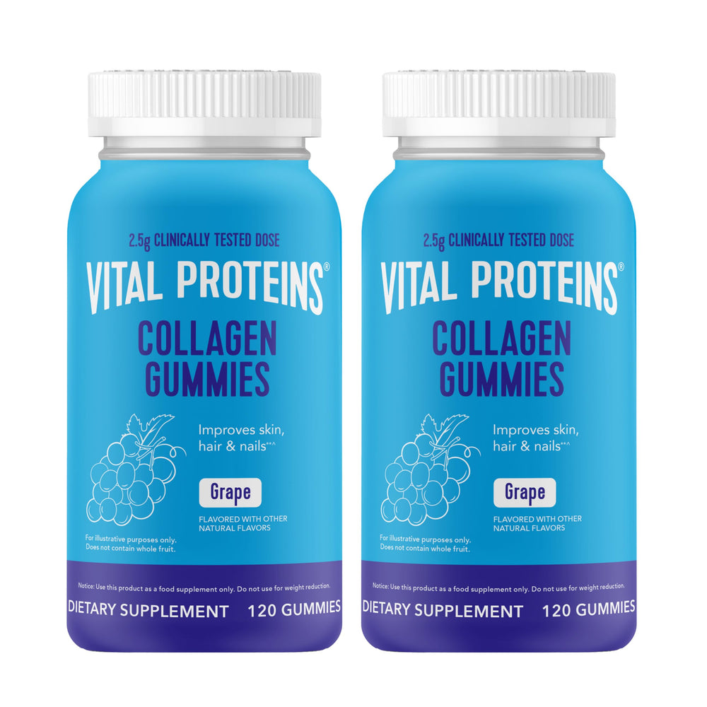 Vital Proteins Collagen Gummies bottle front highlights grape flavor and daily collagen support.