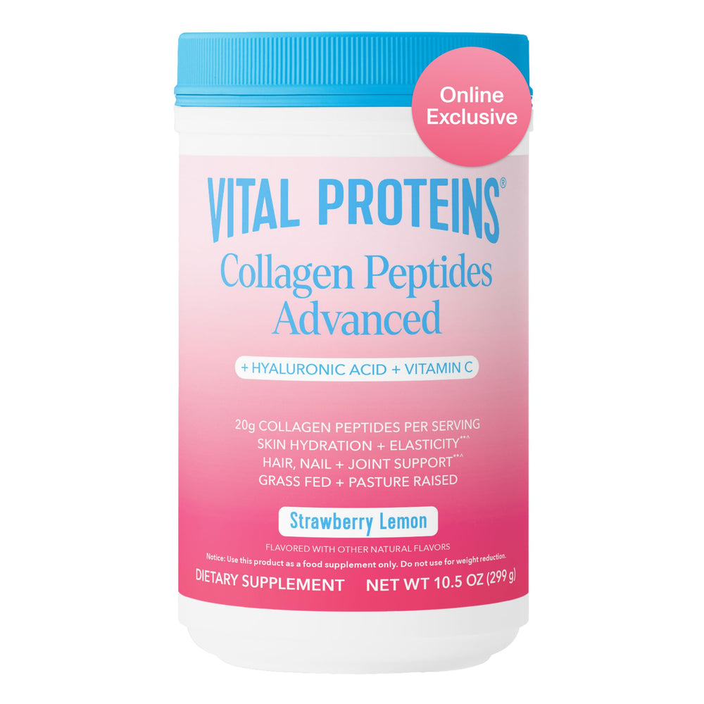 Vital Proteins Collagen Peptides Advanced bottle front with strawberry lemon flavor for daily wellness.