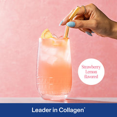 Label close-up shows 20g collagen peptides per serving and vitamin C.
