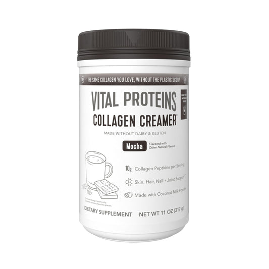 Vital Proteins collagen peptides mocha creamer bottle offers creamy coffee with potential hair and skin support.