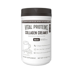 Vital Proteins collagen peptides mocha creamer bottle offers creamy coffee with potential hair and skin support.