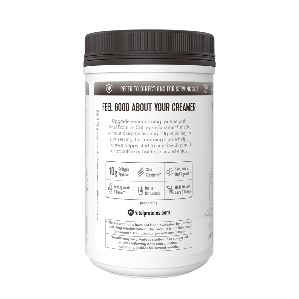Vital Proteins collagen peptides mocha creamer dairy-free label signals gluten-free compatibility.
