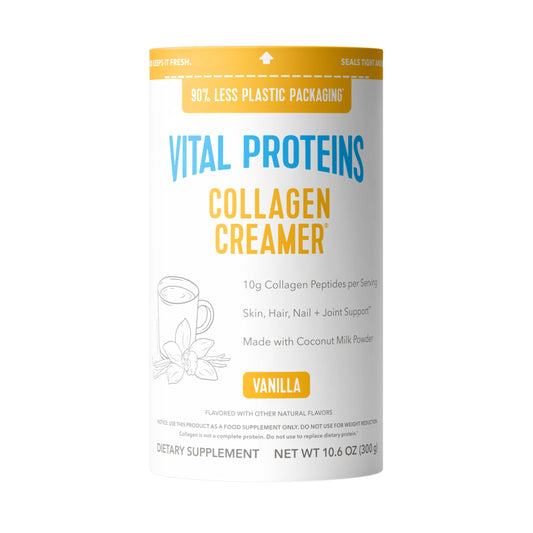 Vital Proteins collagen peptides vanilla powder being dispensed from a scoop for daily wellness.