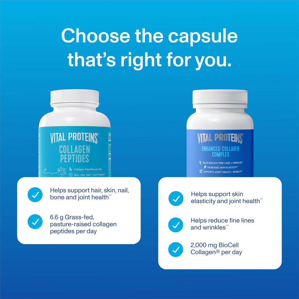 Vital Proteins capsules for daily routine shown beside water indicate easy use