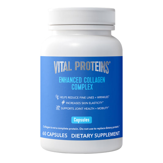 Vital Proteins Enhanced Collagen Complex Capsules bottle shows daily skin and joint support