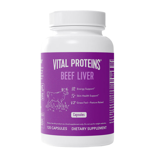 Vital Proteins grass-fed beef liver capsules bottle highlights 120-count for natural B12 support.
