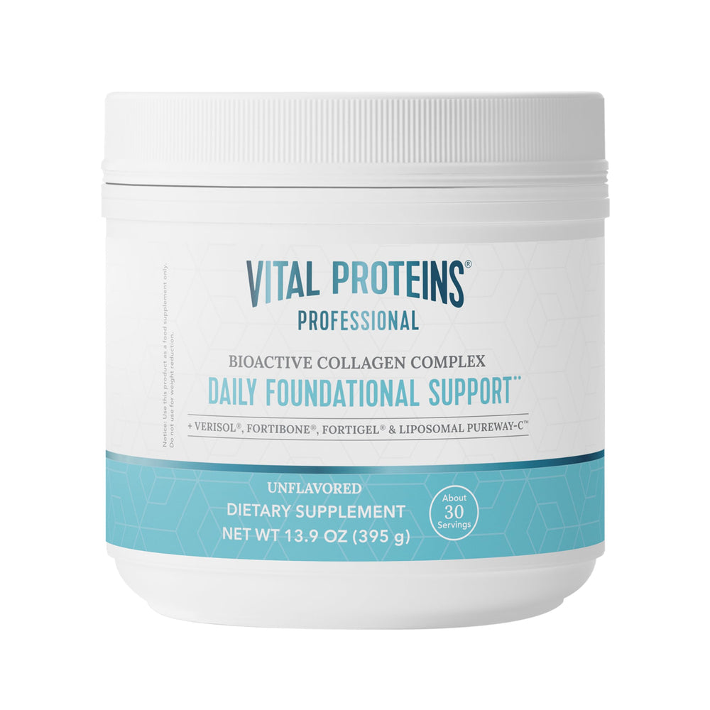 Vital Proteins Professional Daily Foundational bottle label highlighting skin elasticity and nail health benefits.