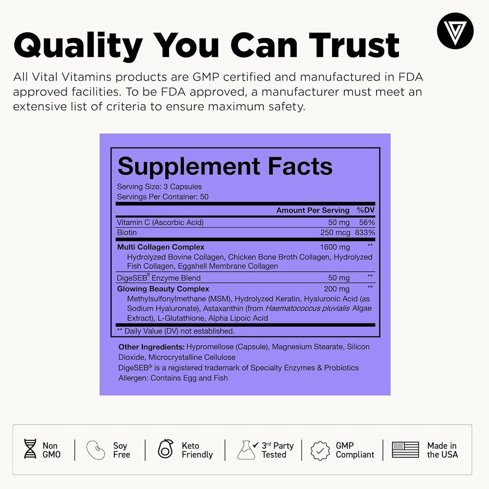 Two-pack Vital Vitamins Multi Collagen Plus display emphasizes value for hair, skin, nails.
