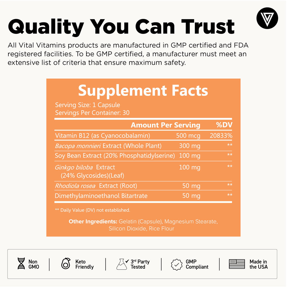 Vital Vitamins Bacopa capsules shown for learning and memory.