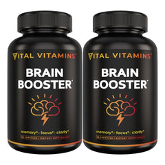 Vital Vitamins Brain Booster bottle on a desk signaling caffeine-free focus.