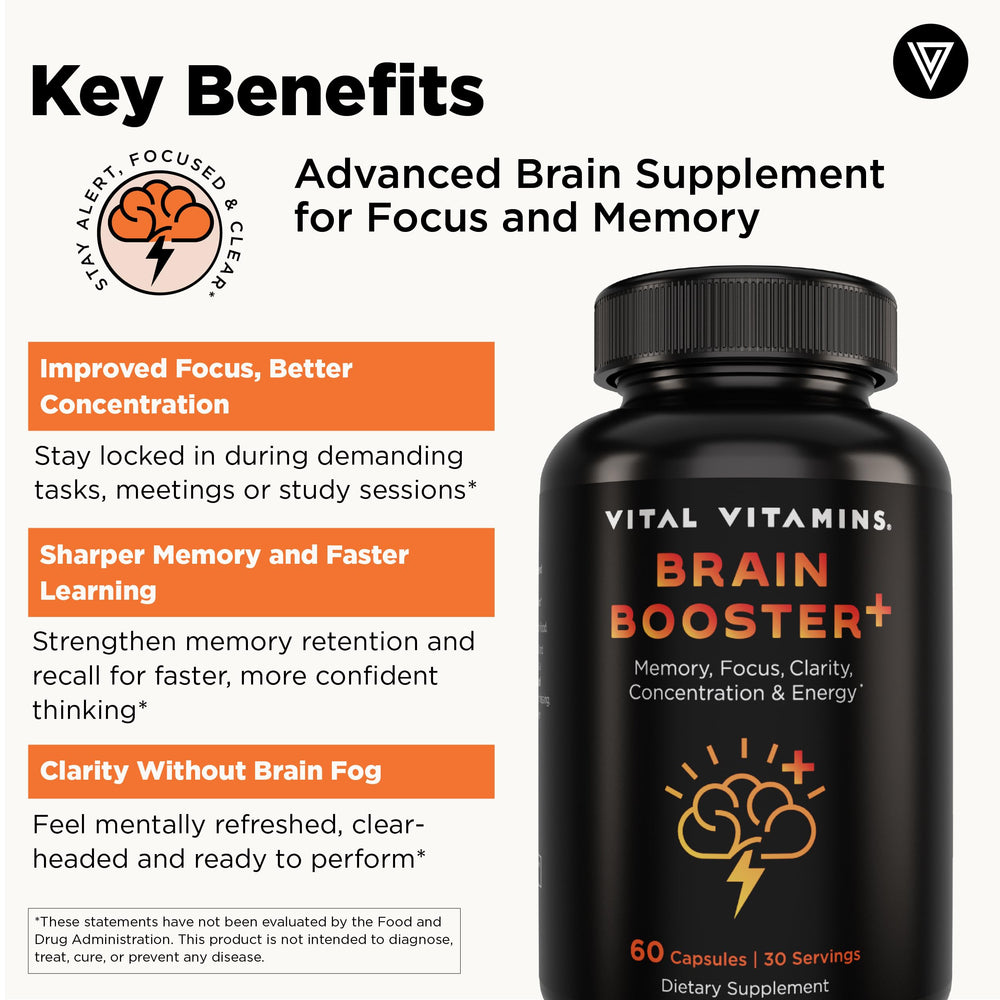 Vital Vitamins Brain Supplement Plus label detail highlights clean, responsibly sourced ingredients