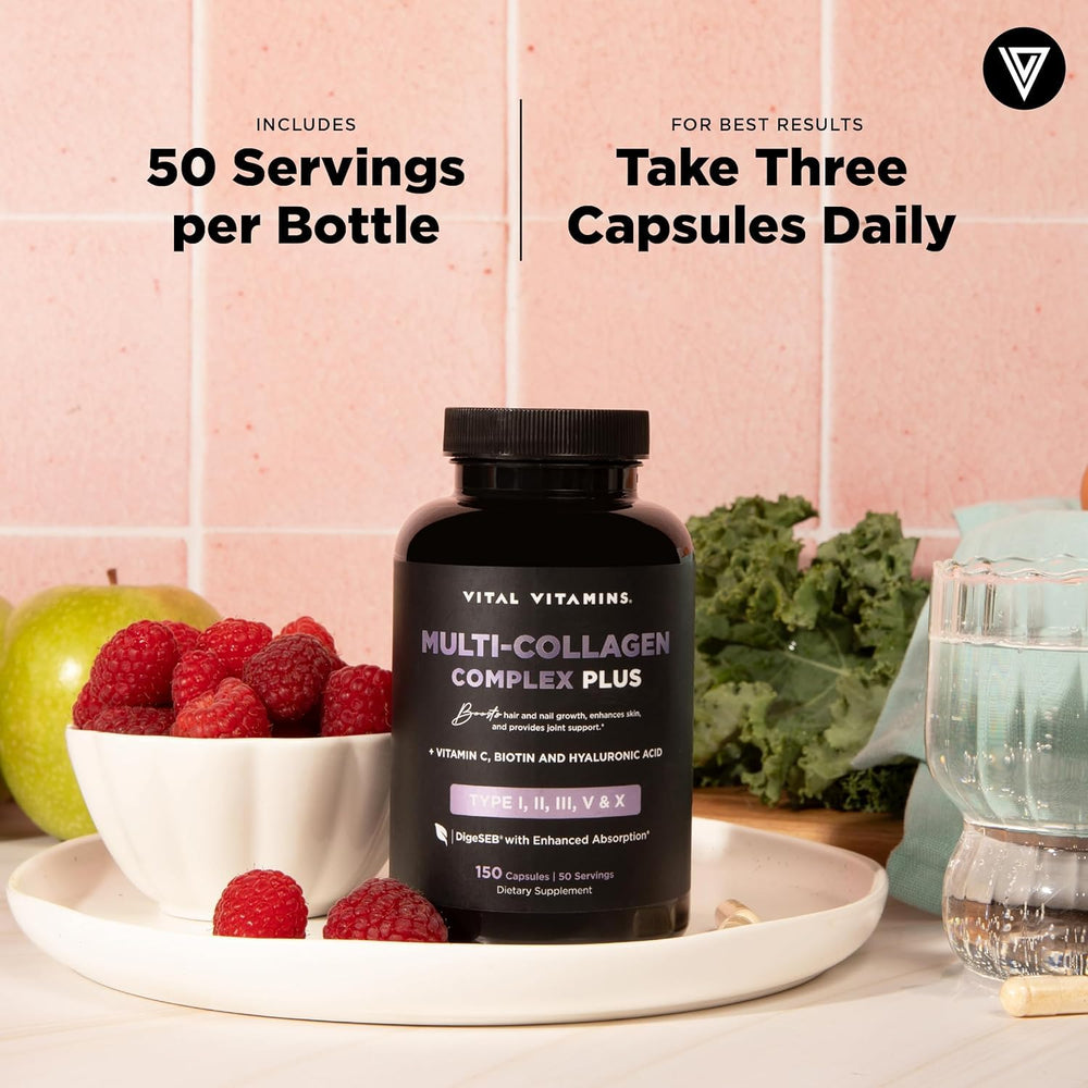 Glass of water beside Vital Vitamins capsules suggests simple daily regimen.