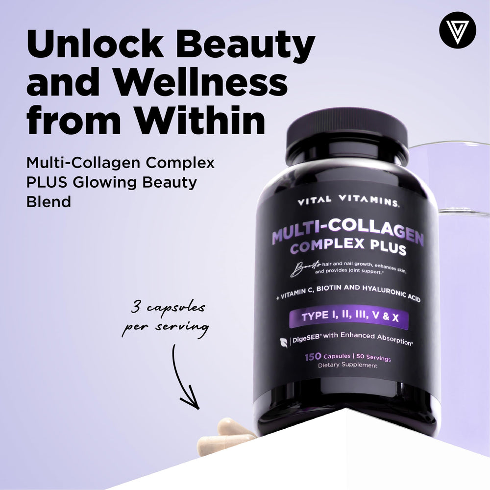 Vital Vitamins collagen capsules with Biotin and Hyaluronic Acid for skin hydration
