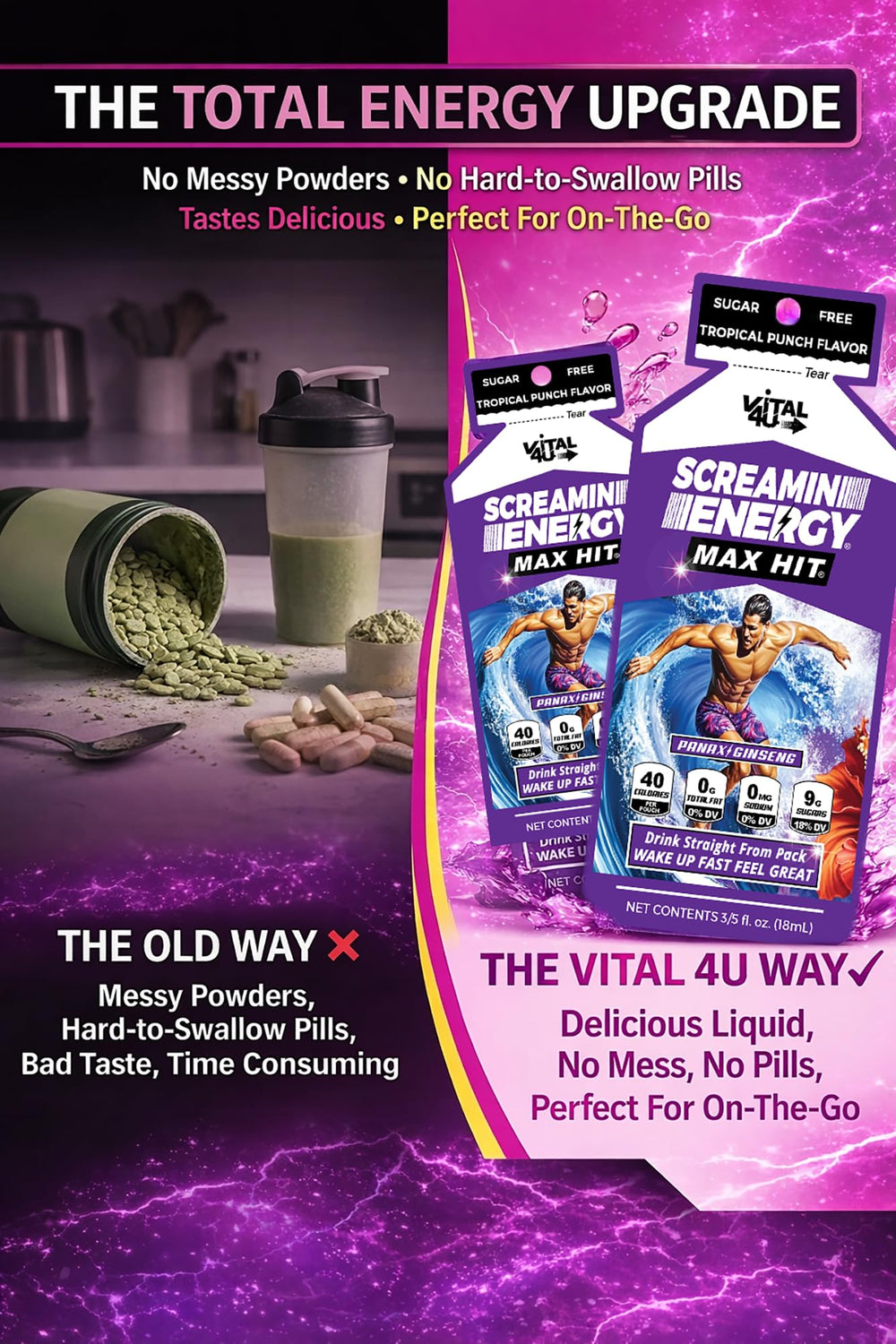 VITAL 4U Screamin Energy Max Hit tropical flavor splash conveys refreshing taste.