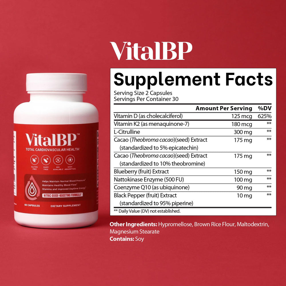 VitalBP capsules focusing on L-Citrulline for circulation and energy.