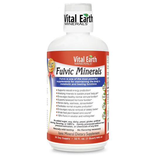 Vital Earth Minerals fulvic minerals liquid bottle shows daily energy support.