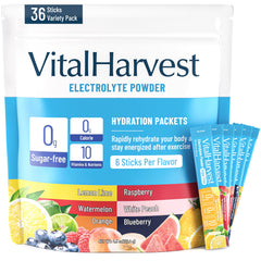 VitalHarvest 36-sticks box front ideal for on-the-go hydration during workouts.