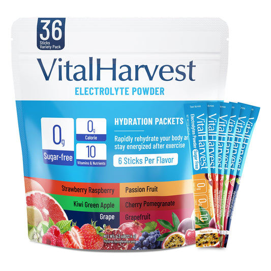 VitalHarvest electrolytes strawberry raspberry packets for refreshing hydration on the go.