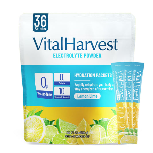 VitalHarvest lemon-lime packet for quick, refreshing hydration on the go.