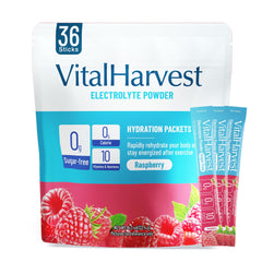 VitalHarvest raspberry electrolyte packet close-up for refreshing hydration on the go