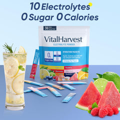 VitalHarvest raspberry packet provides sugar-free hydration for daily routines.