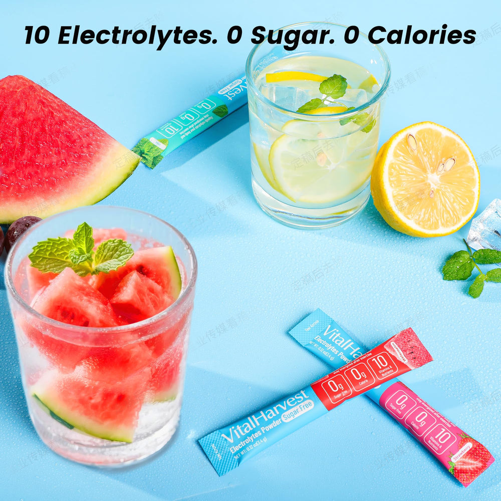 VitalHarvest strawberry electrolyte packet offering a sugar-free refreshment