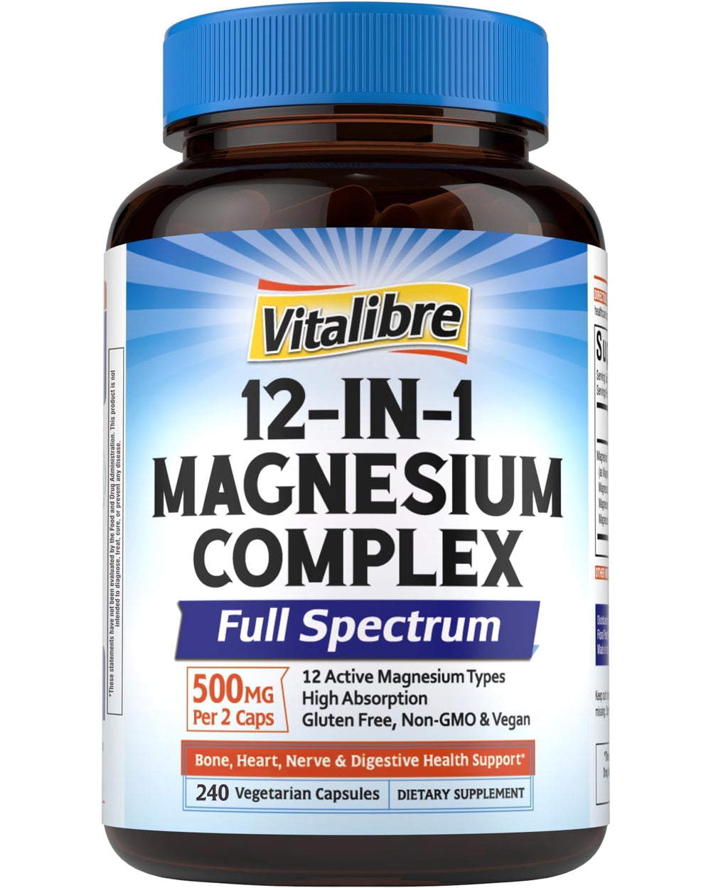 Vitalibre 12in1 magnesium bottle shows a high-potency formula for daily wellness.
