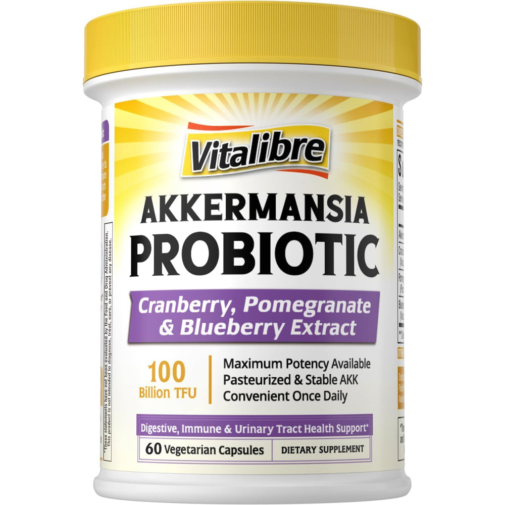 Vitalibre Akkermansia Probiotics bottle showing high-potency 100B TFU formula for daily digestive support.