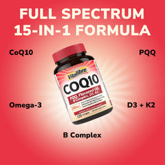 Vitalibre CoQ10 with PQQ and omega-3 softgels for metabolic health.