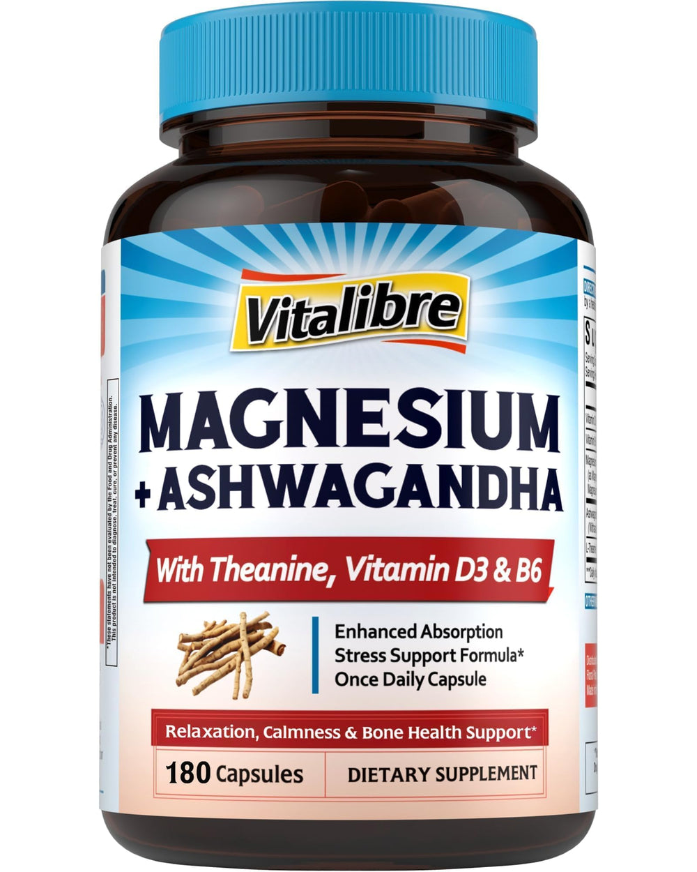 Vitalibre Magnesium Complex bottle with Ashwagandha and L-Theanine promotes calm focus.