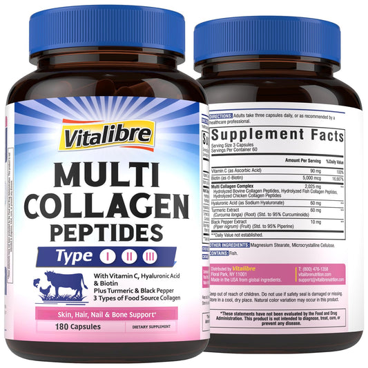 Vitalibre multi-collagen bottle demonstrating daily skin and joint support with capsules.