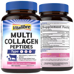 Vitalibre multi-collagen bottle demonstrating daily skin and joint support with capsules.