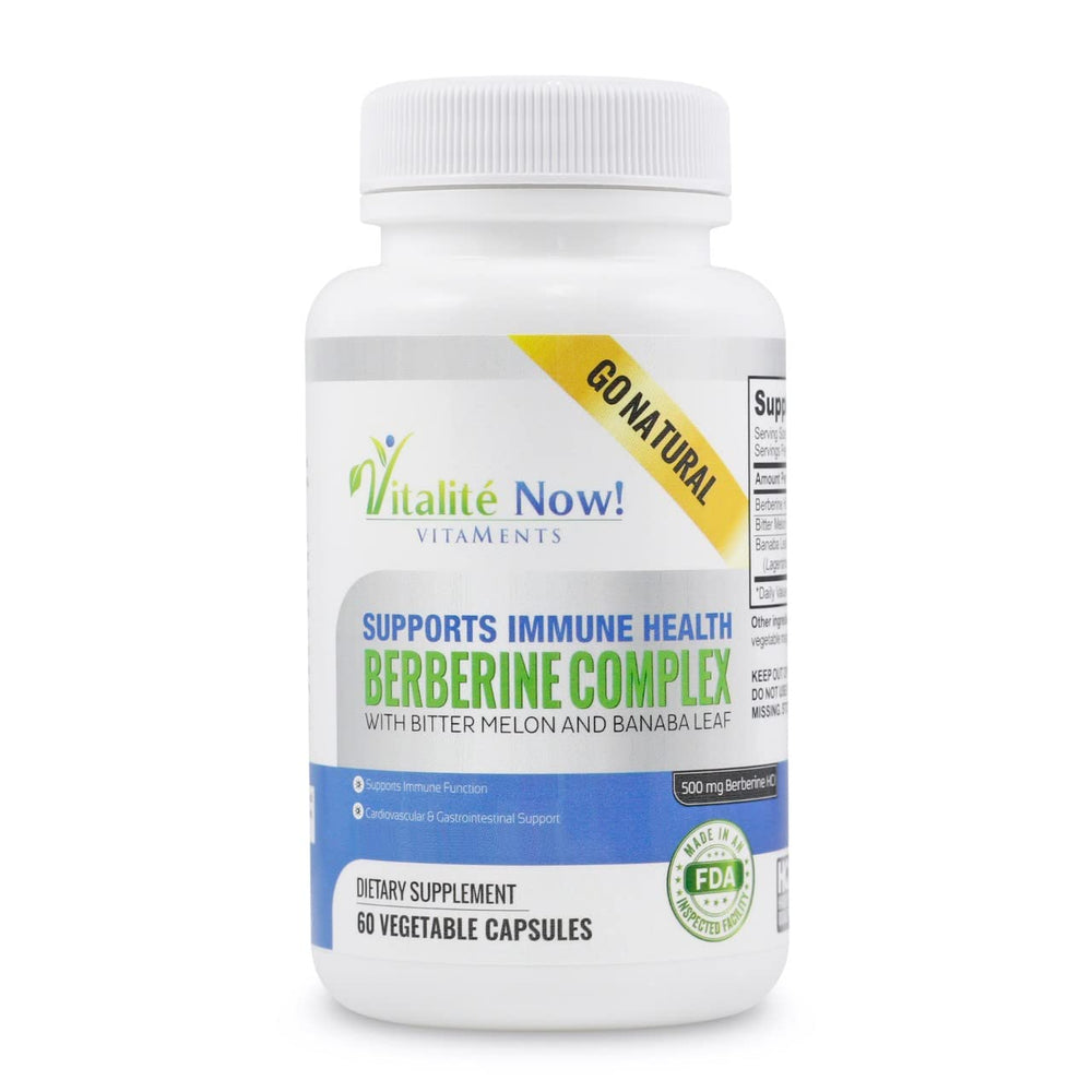 Vitalité Now Berberine 500mg bottle front with capsules for daily immune support.