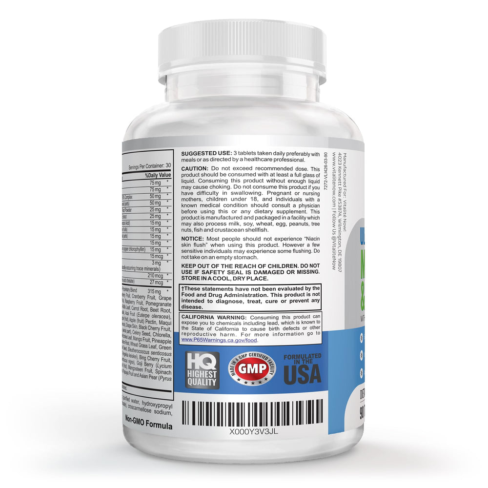Vitalité Now bottle open capsules show convenient daily vitamins.
