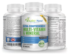 Vitalité Now multivitamin label closeup highlights non-GMO quality and nutrient richness.