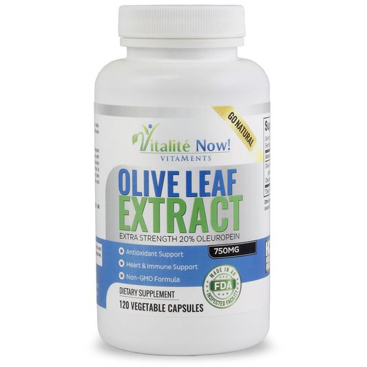 Vitalité Now olive leaf extract bottle front showing premium packaging and label.