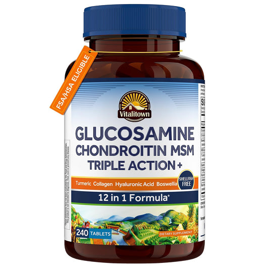 Vitalitown Glucosamine Chondroitin MSM bottle closeup highlights the product blend for joint comfort.