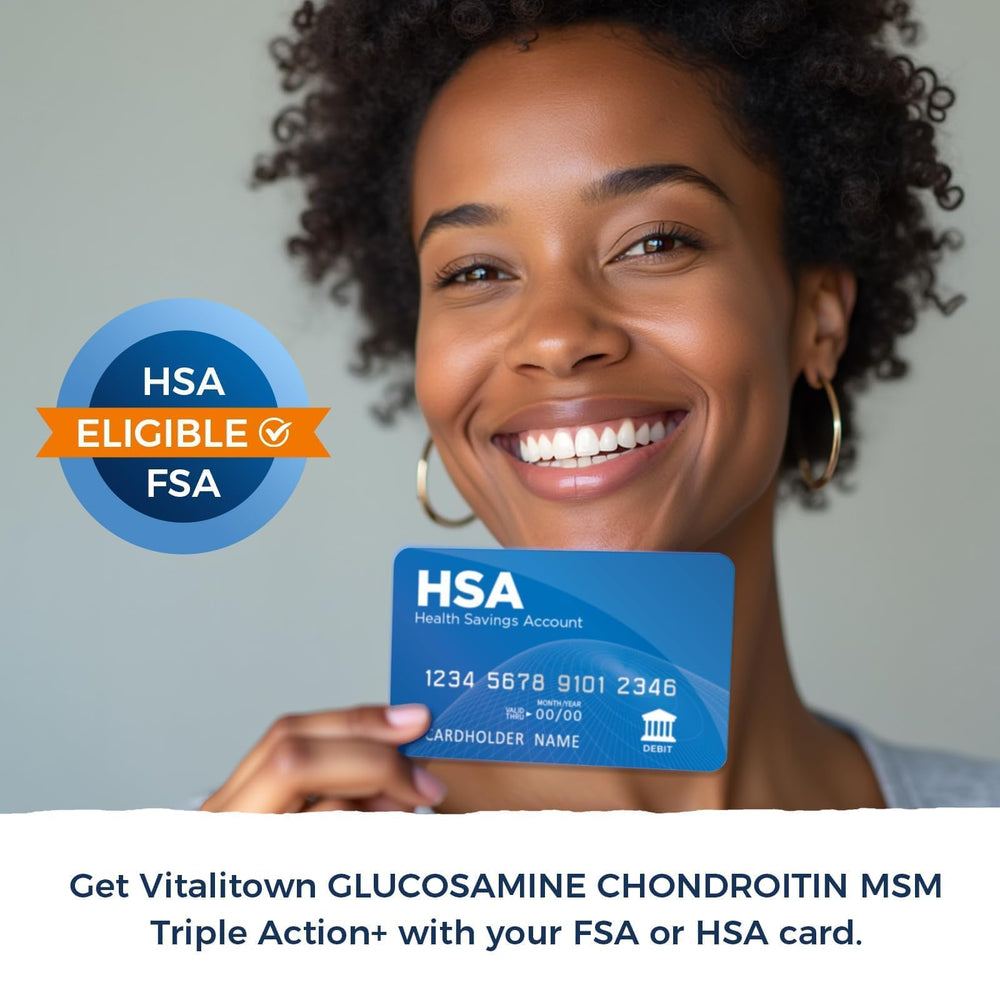 Vitalitown Glucosamine Chondroitin MSM bottle on desk conveys convenient at-home use.